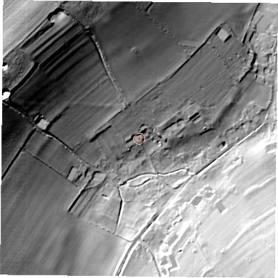 Shaded relief map of the ground around RG252EN, computed from Environment Agency LiDAR. The ground here sits at about 102 m above sea level and falls 44 m across the surrounding 800 m. Surface water reaching this point runs off ground lying to the north-north-west, 9.4 m higher.
