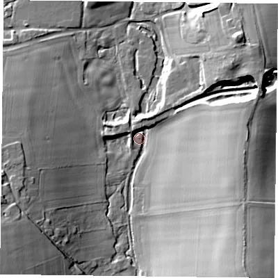 Shaded relief map of the ground around RG252JR, computed from Environment Agency LiDAR. The ground here sits at about 74 m above sea level and falls 31 m across the surrounding 800 m. Surface water reaching this point runs off ground lying to the south-east, 28.1 m higher.