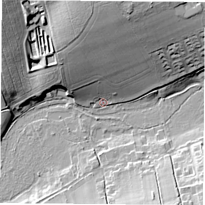 Shaded relief map of the ground around RG253DG, computed from Environment Agency LiDAR. The ground here sits at about 82 m above sea level and falls 33 m across the surrounding 800 m. Surface water reaching this point runs off ground lying to the north, 30.5 m higher.