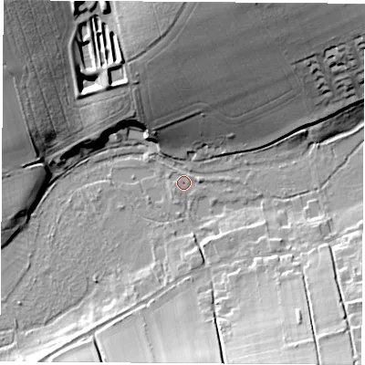 Shaded relief map of the ground around RG253DT, computed from Environment Agency LiDAR. The ground here sits at about 80 m above sea level and falls 31 m across the surrounding 800 m. Surface water reaching this point runs off ground lying to the north, 28.1 m higher.