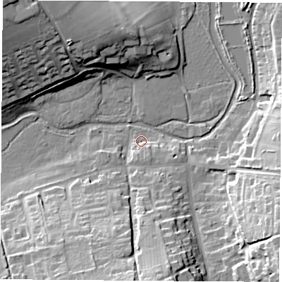 Shaded relief map of the ground around RG253HD, computed from Environment Agency LiDAR. The ground here sits at about 83 m above sea level and falls 28 m across the surrounding 800 m. Surface water reaching this point runs off ground lying to the south-south-east, 4.2 m higher.