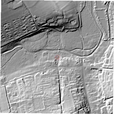 Shaded relief map of the ground around RG253HE, computed from Environment Agency LiDAR. The ground here sits at about 82 m above sea level and falls 29 m across the surrounding 800 m. Surface water reaching this point runs off ground lying to the south-south-east, 24.1 m higher.