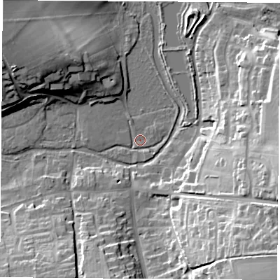 Shaded relief map of the ground around RG253JA, computed from Environment Agency LiDAR. The ground here sits at about 82 m above sea level and falls 34 m across the surrounding 800 m. Surface water reaching this point runs off ground lying to the north-west, 20.8 m higher.