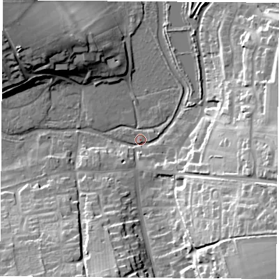 Shaded relief map of the ground around RG253JE, computed from Environment Agency LiDAR. The ground here sits at about 83 m above sea level and falls 34 m across the surrounding 800 m. Surface water reaching this point runs off ground lying to the south-east, 33.4 m higher.