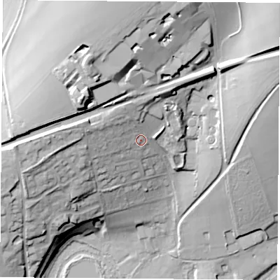 Shaded relief map of the ground around RG253JH, computed from Environment Agency LiDAR. The ground here sits at about 105 m above sea level and falls 42 m across the surrounding 800 m. Surface water reaching this point runs off ground lying to the north-west, 10.2 m higher.