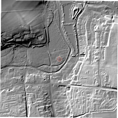 Shaded relief map of the ground around RG253JU, computed from Environment Agency LiDAR. The ground here sits at about 83 m above sea level and falls 33 m across the surrounding 800 m. Surface water reaching this point runs off ground lying to the west-north-west, 19.3 m higher.