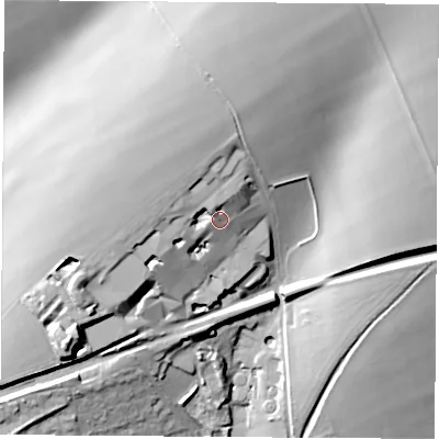 Shaded relief map of the ground around RG253SE, computed from Environment Agency LiDAR. The ground here sits at about 119 m above sea level and falls 34 m across the surrounding 800 m. Surface water reaching this point runs off ground lying to the north, 10.0 m higher.