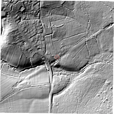 Shaded relief map of the ground around RG263AA, computed from Environment Agency LiDAR. The ground here sits at about 80 m above sea level and falls 29 m across the surrounding 800 m. Surface water reaching this point runs off ground lying to the north-west, 12.9 m higher.