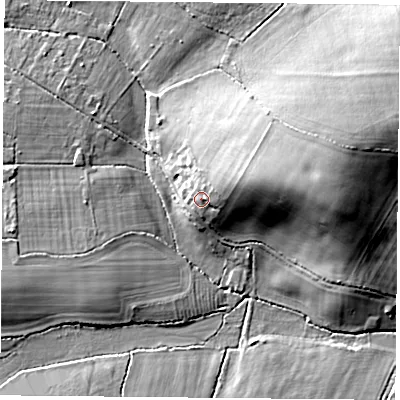 Shaded relief map of the ground around RG263AQ, computed from Environment Agency LiDAR. The ground here sits at about 79 m above sea level and falls 17 m across the surrounding 800 m. Surface water reaching this point runs off ground lying to the east-north-east, 5.5 m higher.