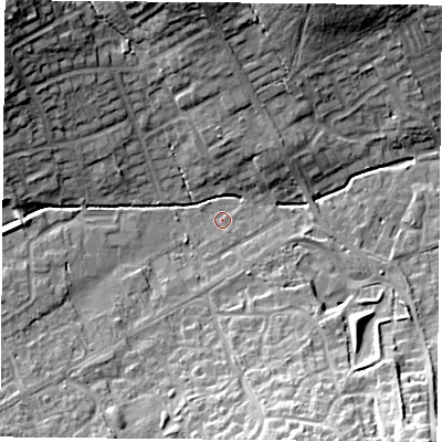 Shaded relief map of the ground around RG263LE, computed from Environment Agency LiDAR. The ground here sits at about 82 m above sea level and falls 20 m across the surrounding 800 m. Surface water reaching this point runs off ground lying to the south, 1.3 m higher.