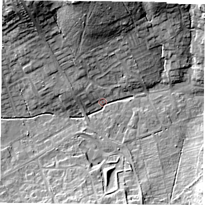 Shaded relief map of the ground around RG263RW, computed from Environment Agency LiDAR. The ground here sits at about 81 m above sea level and falls 21 m across the surrounding 800 m. Surface water reaching this point runs off ground lying to the south-south-east, 13.7 m higher.