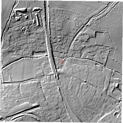 Shaded relief map of the ground around RG265AA, computed from Environment Agency LiDAR. The ground here sits at about 59 m above sea level and falls 16 m across the surrounding 800 m. Surface water reaching this point runs off ground lying to the north-west, 5.5 m higher.