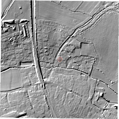 Shaded relief map of the ground around RG265AB, computed from Environment Agency LiDAR. The ground here sits at about 59 m above sea level and falls 17 m across the surrounding 800 m. Surface water reaching this point runs off ground lying to the north-north-west, 8.7 m higher.