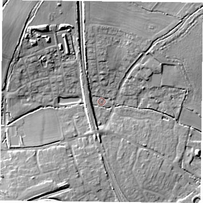Shaded relief map of the ground around RG265AS, computed from Environment Agency LiDAR. The ground here sits at about 59 m above sea level and falls 16 m across the surrounding 800 m. Surface water reaching this point runs off ground lying to the north-north-west, 9.0 m higher.