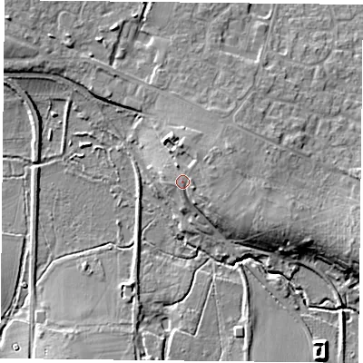 Shaded relief map of the ground around RG265BQ, computed from Environment Agency LiDAR. The ground here sits at about 61 m above sea level and falls 11 m across the surrounding 800 m. Surface water reaching this point runs off ground lying to the east-north-east, 3.5 m higher.
