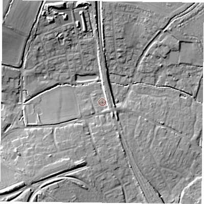 Shaded relief map of the ground around RG265BU, computed from Environment Agency LiDAR. The ground here sits at about 60 m above sea level and falls 16 m across the surrounding 800 m. Surface water reaching this point runs off ground lying to the south-south-west, 6.6 m higher.