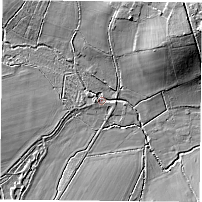 Shaded relief map of the ground around RG265DH, computed from Environment Agency LiDAR. The ground here sits at about 60 m above sea level and falls 18 m across the surrounding 800 m. Surface water reaching this point runs off ground lying to the north, 12.0 m higher.