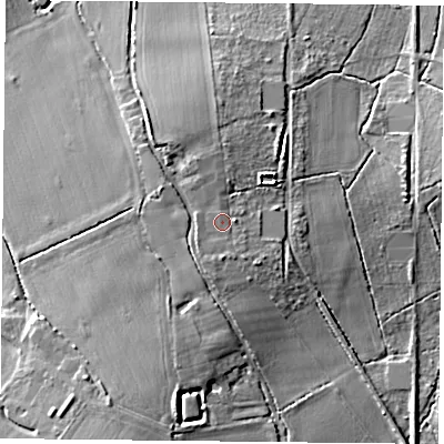 Shaded relief map of the ground around RG265DL, computed from Environment Agency LiDAR. The ground here sits at about 64 m above sea level and falls 12 m across the surrounding 800 m. Surface water reaching this point runs off ground lying to the south-south-west, 1.4 m higher.