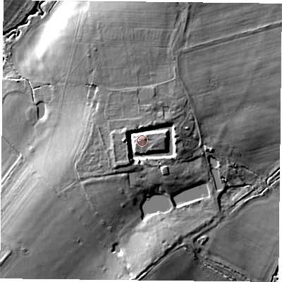 Shaded relief map of the ground around RG265EH, computed from Environment Agency LiDAR. The ground here sits at about 71 m above sea level and falls 15 m across the surrounding 800 m. Surface water reaching this point runs off ground lying to the west, 6.1 m higher.