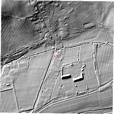 Shaded relief map of the ground around RG265EX, computed from Environment Agency LiDAR. The ground here sits at about 70 m above sea level and falls 19 m across the surrounding 800 m. Surface water reaching this point runs off ground lying to the south, 1.8 m higher.