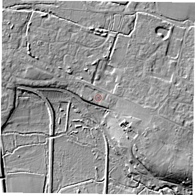 Shaded relief map of the ground around RG265GF, computed from Environment Agency LiDAR. The ground here sits at about 59 m above sea level and falls 10 m across the surrounding 800 m. Surface water reaching this point runs off ground lying to the east-south-east, 2.6 m higher.