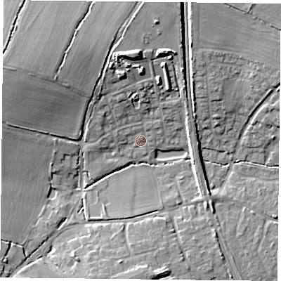Shaded relief map of the ground around RG265GN, computed from Environment Agency LiDAR. The ground here sits at about 61 m above sea level and falls 15 m across the surrounding 800 m. Surface water reaching this point runs off ground lying to the south-west, 5.4 m higher.