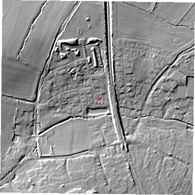 Shaded relief map of the ground around RG265GQ, computed from Environment Agency LiDAR. The ground here sits at about 61 m above sea level and falls 15 m across the surrounding 800 m. Surface water reaching this point runs off ground lying to the south-south-west, 7.8 m higher.