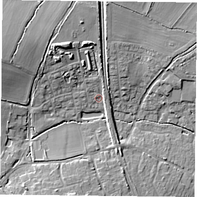 Shaded relief map of the ground around RG265GR, computed from Environment Agency LiDAR. The ground here sits at about 60 m above sea level and falls 15 m across the surrounding 800 m. Surface water reaching this point runs off ground lying to the south-south-west, 7.7 m higher.