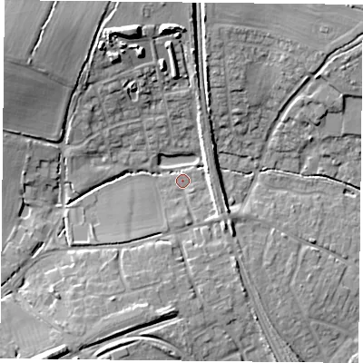 Shaded relief map of the ground around RG265JD, computed from Environment Agency LiDAR. The ground here sits at about 60 m above sea level and falls 15 m across the surrounding 800 m. Surface water reaching this point runs off ground lying to the south, 8.0 m higher.