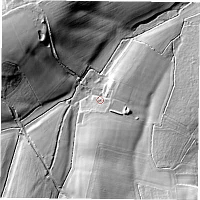 Shaded relief map of the ground around RG265PU, computed from Environment Agency LiDAR. The ground here sits at about 84 m above sea level and falls 23 m across the surrounding 800 m. Surface water reaching this point runs off ground lying to the south, 7.4 m higher.