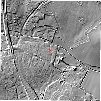 Shaded relief map of the ground around RG265QF, computed from Environment Agency LiDAR. The ground here sits at about 58 m above sea level and falls 12 m across the surrounding 800 m. Surface water reaching this point runs off ground lying to the west, 5.8 m higher.