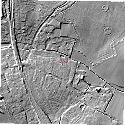 Shaded relief map of the ground around RG265QG, computed from Environment Agency LiDAR. The ground here sits at about 58 m above sea level and falls 14 m across the surrounding 800 m. Surface water reaching this point runs off ground lying to the north-west, 10.0 m higher.