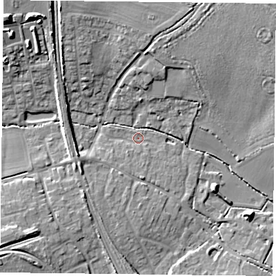 Shaded relief map of the ground around RG265QQ, computed from Environment Agency LiDAR. The ground here sits at about 58 m above sea level and falls 17 m across the surrounding 800 m. Surface water reaching this point runs off ground lying to the north-north-west, 9.8 m higher.