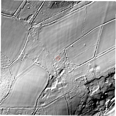 Shaded relief map of the ground around RG265SH, computed from Environment Agency LiDAR. The ground here sits at about 98 m above sea level and falls 22 m across the surrounding 800 m. Surface water reaching this point runs off ground lying to the south, 6.2 m higher.