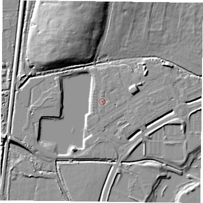 Shaded relief map of the ground around RG26AF, computed from Environment Agency LiDAR. The ground here sits at about 41 m above sea level and falls 17 m across the surrounding 800 m. Surface water reaching this point runs off ground lying to the south-south-east, 0.6 m higher.