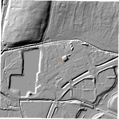Shaded relief map of the ground around RG26AG, computed from Environment Agency LiDAR. The ground here sits at about 40 m above sea level and falls 17 m across the surrounding 800 m. Surface water reaching this point runs off ground lying to the east, 4.6 m higher.