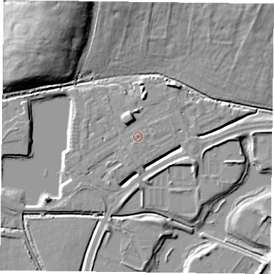 Shaded relief map of the ground around RG26AH, computed from Environment Agency LiDAR. The ground here sits at about 41 m above sea level and falls 17 m across the surrounding 800 m. Surface water reaching this point runs off ground lying to the south-south-west, 0.7 m higher.