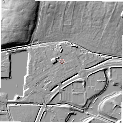 Shaded relief map of the ground around RG26AJ, computed from Environment Agency LiDAR. The ground here sits at about 40 m above sea level and falls 17 m across the surrounding 800 m. Surface water reaching this point runs off ground lying to the west, 4.6 m higher.