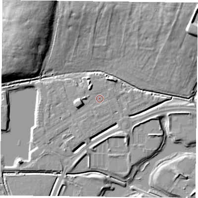 Shaded relief map of the ground around RG26AN, computed from Environment Agency LiDAR. The ground here sits at about 40 m above sea level and falls 17 m across the surrounding 800 m. Surface water reaching this point runs off ground lying to the west-south-west, 4.6 m higher.
