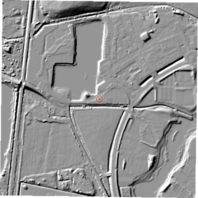 Shaded relief map of the ground around RG26AT, computed from Environment Agency LiDAR. The ground here sits at about 40 m above sea level and falls 12 m across the surrounding 800 m. Surface water reaching this point runs off ground lying to the east, 3.2 m higher.