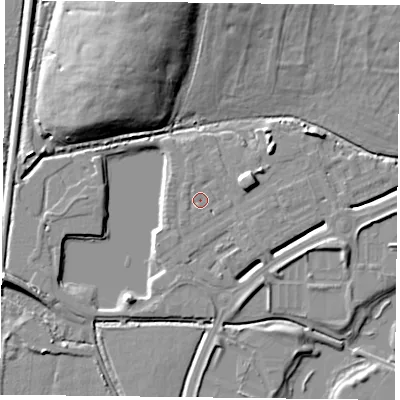 Shaded relief map of the ground around RG26AW, computed from Environment Agency LiDAR. The ground here sits at about 40 m above sea level and falls 17 m across the surrounding 800 m. Surface water reaching this point runs off ground lying to the north-west, 1.3 m higher.
