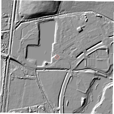 Shaded relief map of the ground around RG26AX, computed from Environment Agency LiDAR. The ground here sits at about 40 m above sea level and falls 14 m across the surrounding 800 m. Surface water reaching this point runs off ground lying to the west-south-west, 4.9 m higher.