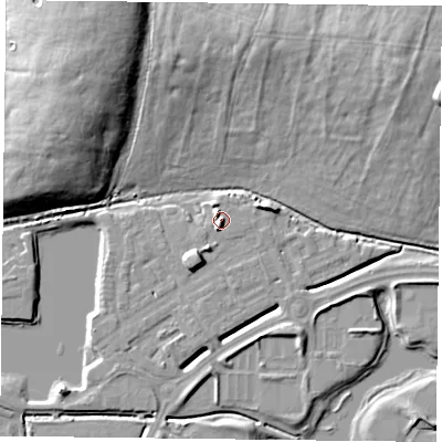 Shaded relief map of the ground around RG26AZ, computed from Environment Agency LiDAR. The ground here sits at about 42 m above sea level and falls 17 m across the surrounding 800 m. Surface water reaching this point runs off ground lying to the south-west, 3.1 m higher.