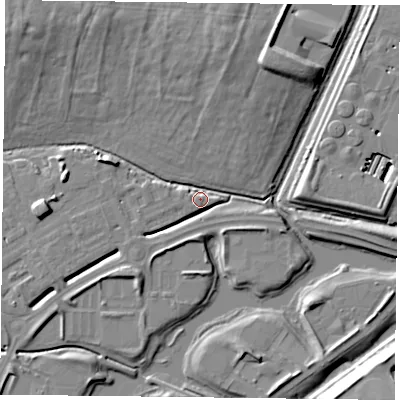 Shaded relief map of the ground around RG26BD, computed from Environment Agency LiDAR. The ground here sits at about 40 m above sea level and falls 11 m across the surrounding 800 m. Surface water reaching this point runs off ground lying to the north, 9.7 m higher.