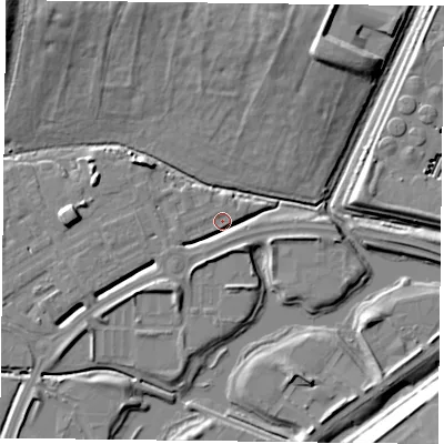 Shaded relief map of the ground around RG26BG, computed from Environment Agency LiDAR. The ground here sits at about 40 m above sea level and falls 14 m across the surrounding 800 m. Surface water reaching this point runs off ground lying to the west-south-west, 3.4 m higher.