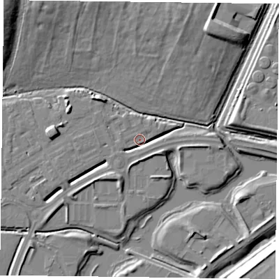 Shaded relief map of the ground around RG26BH, computed from Environment Agency LiDAR. The ground here sits at about 40 m above sea level and falls 15 m across the surrounding 800 m. Surface water reaching this point runs off ground lying to the west-south-west, 3.4 m higher.