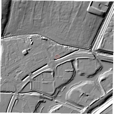 Shaded relief map of the ground around RG26BJ, computed from Environment Agency LiDAR. The ground here sits at about 40 m above sea level and falls 16 m across the surrounding 800 m. Surface water reaching this point runs off ground lying to the south-west, 3.4 m higher.