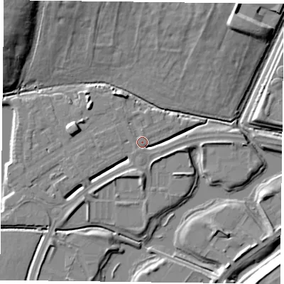 Shaded relief map of the ground around RG26BL, computed from Environment Agency LiDAR. The ground here sits at about 40 m above sea level and falls 17 m across the surrounding 800 m. Surface water reaching this point runs off ground lying to the south-south-west, 3.4 m higher.