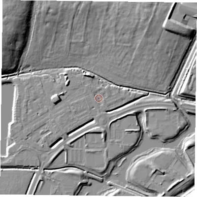 Shaded relief map of the ground around RG26BP, computed from Environment Agency LiDAR. The ground here sits at about 40 m above sea level and falls 17 m across the surrounding 800 m. Surface water reaching this point runs off ground lying to the west, 7.1 m higher.