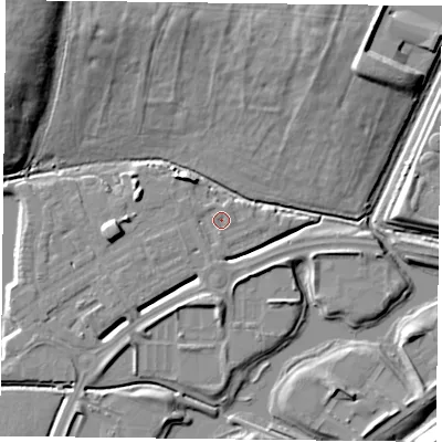 Shaded relief map of the ground around RG26BQ, computed from Environment Agency LiDAR. The ground here sits at about 40 m above sea level and falls 17 m across the surrounding 800 m. Surface water reaching this point runs off ground lying to the west, 7.1 m higher.